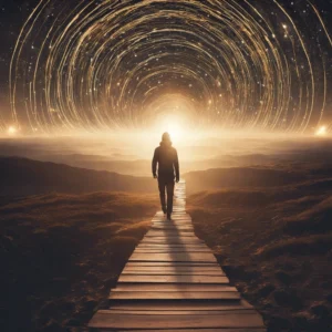 a man walking towards a galaxy on a spiritual journey.